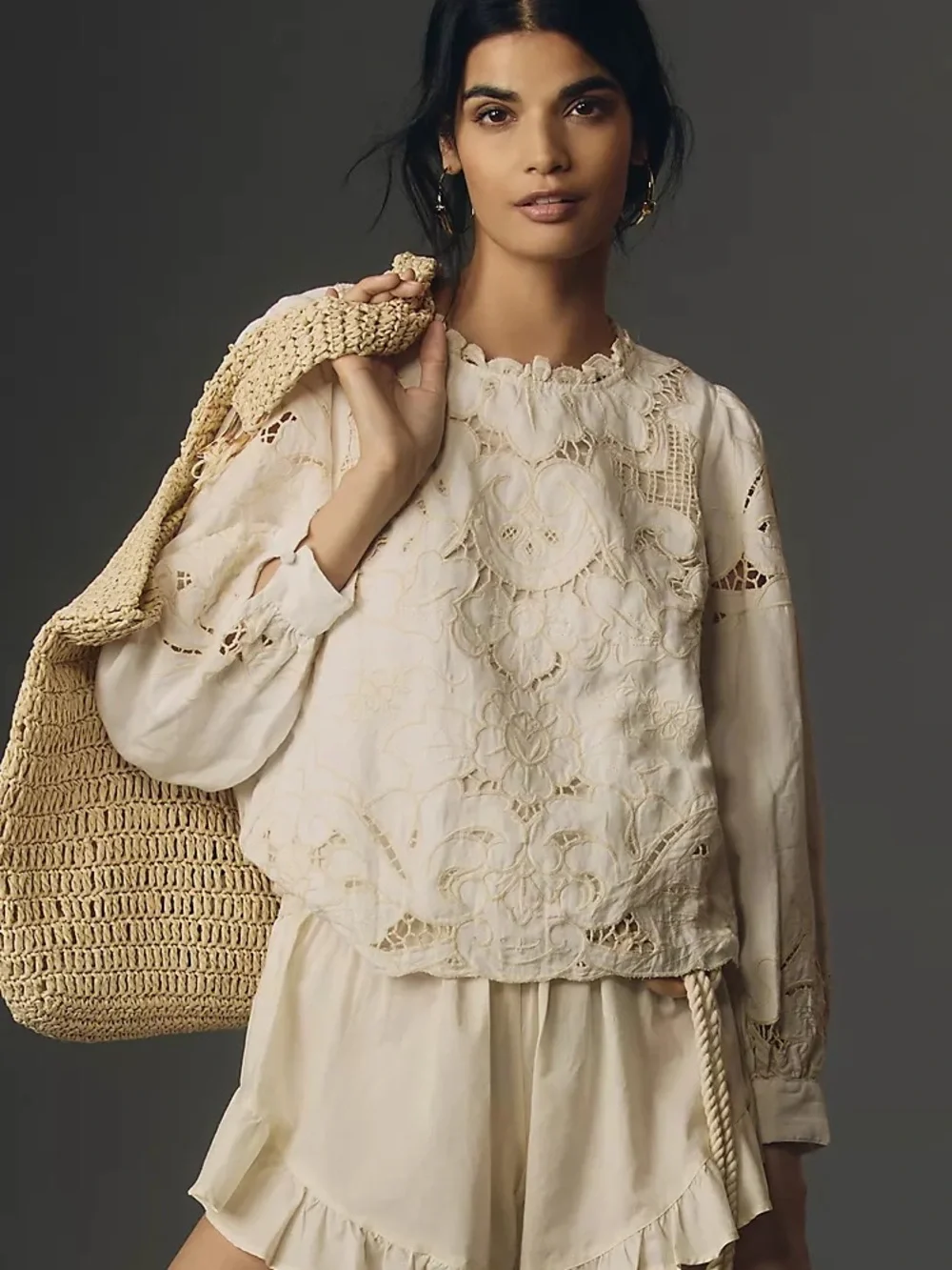 Anthropologie Long-Sleeve Lace Cutwork Blouse